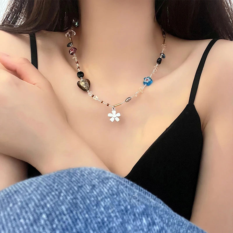 Crystal Beads Chokers Necklace Charm Flowers Pendant Necklaces Women