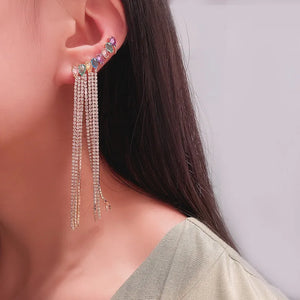 Colorful Crystal CZ Ear Clip Tassel Earrings Chain Women Jewelry Charms