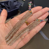 Colorful Crystal CZ Ear Clip Tassel Earrings Chain Women Jewelry Charms