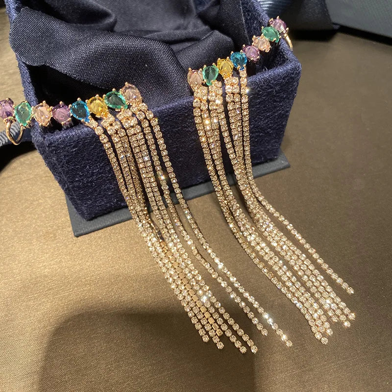 Colorful Crystal CZ Ear Clip Tassel Earrings Chain Women Jewelry Charms