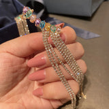 Colorful Crystal CZ Ear Clip Tassel Earrings Chain Women Jewelry Charms