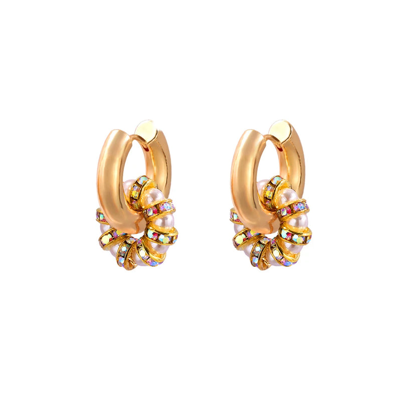 Colorful Crystal Pearl Stainless Steel Hoop Earrings