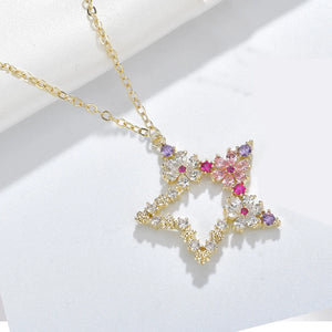 Colorful CZ Pentagram Flower Pendant Necklace for Women