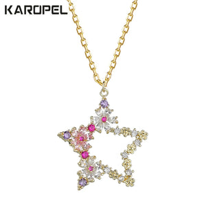 Colorful CZ Pentagram Flower Pendant Necklace for Women