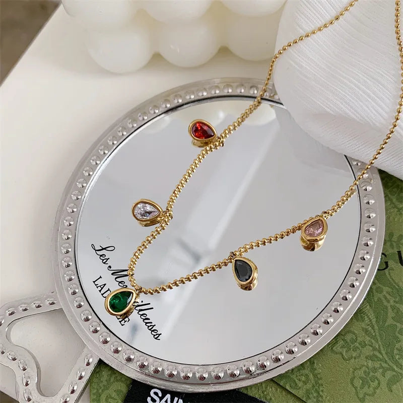 Colorful Crystal Tassel Necklace Water Drop Choker Stainless Steel Jewelry