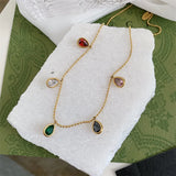 Colorful Crystal Tassel Necklace Water Drop Choker Stainless Steel Jewelry