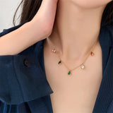 Colorful Crystal Tassel Necklace Water Drop Choker Stainless Steel Jewelry