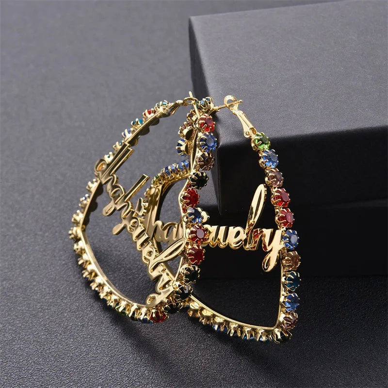 Personalized Zircon Hoop Earrings Heart Name Diamond Wedding