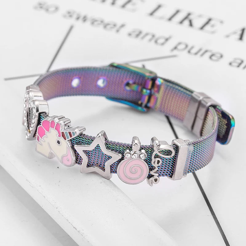 Colorful Unicorn& Heart & Star Stainless Steel Mesh Bracelet Set DIY Charm Chain