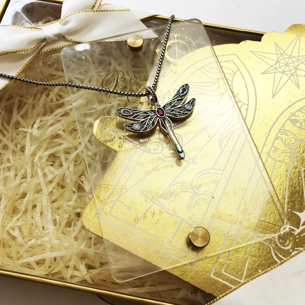 Colorful Dragonfly Pendant Link Chain Necklace 925 Sterling Silver