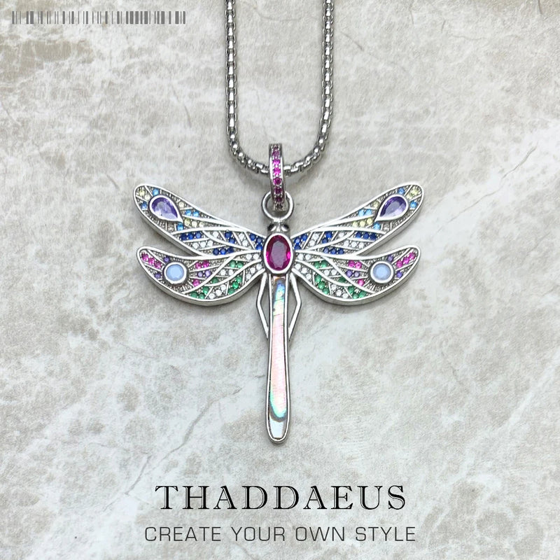 Colorful Dragonfly Pendant Link Chain Necklace 925 Sterling Silver