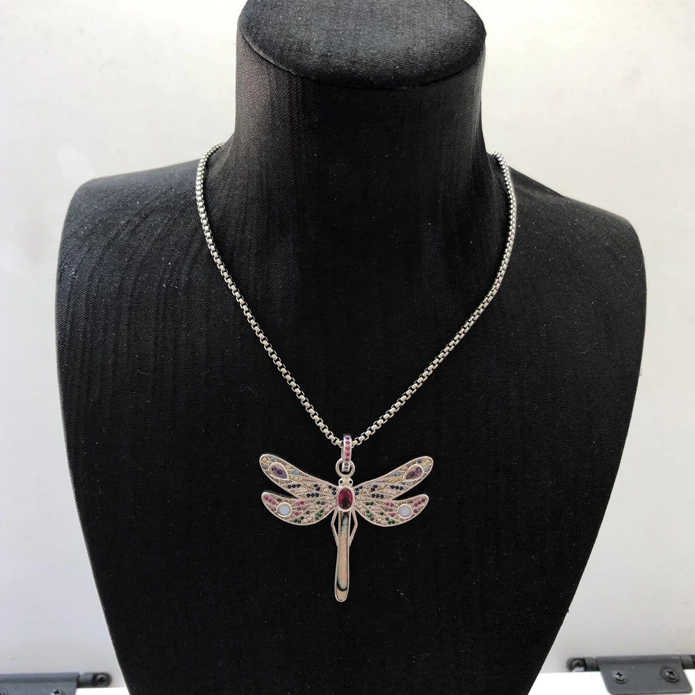 Colorful Dragonfly Pendant Link Chain Necklace 925 Sterling Silver