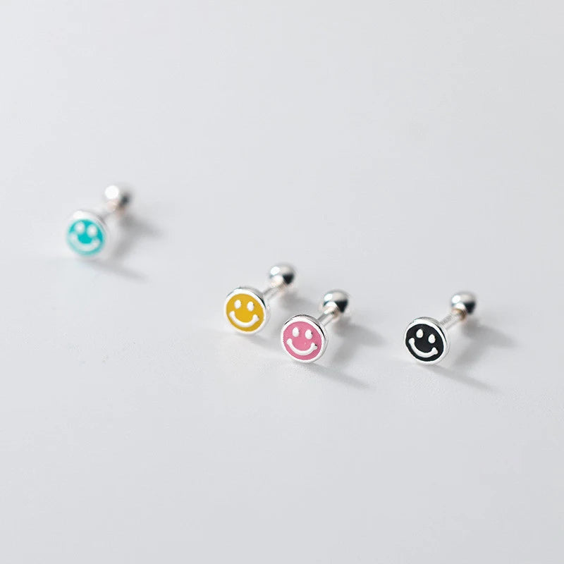 Colorful Enamel Round Lucky Smile Stud Earrings Women Expression Piercing