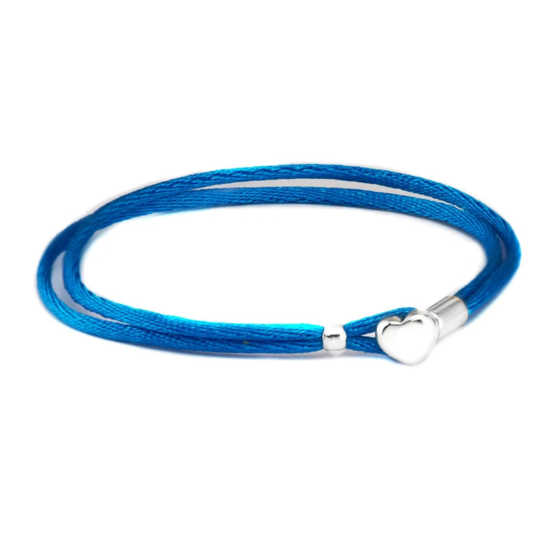 Colorful Fabric Cord Heart Buckle Bracelet 925 Sterling Silver Jewelry Bangle