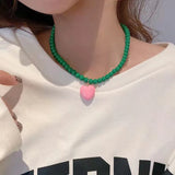 Colorful Pearl Choker Necklace Love Heart Pendant Jewelry