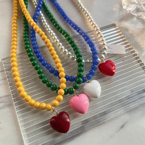 Colorful Pearl Choker Necklace Love Heart Pendant Jewelry