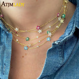 Colorful Flower CZ Charm Choker Necklace Sparking Cubic Zirconia Chain Jewelry