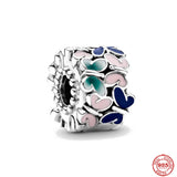 Colorful Flowers Butterfly Pendant 925 Sterling Silver Charms Bracelet DIY