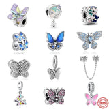 Colorful Flowers Butterfly Pendant 925 Sterling Silver Charms Bracelet DIY
