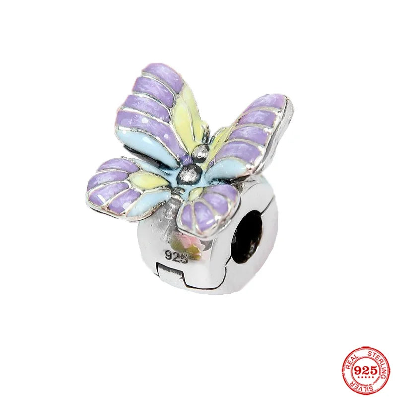 Colorful Flowers Butterfly Pendant 925 Sterling Silver Charms Bracelet DIY