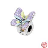 Colorful Flowers Butterfly Pendant 925 Sterling Silver Charms Bracelet DIY