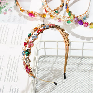 Colorful Gem Baroque Headband Rhinestone Hair Band Pearl Access