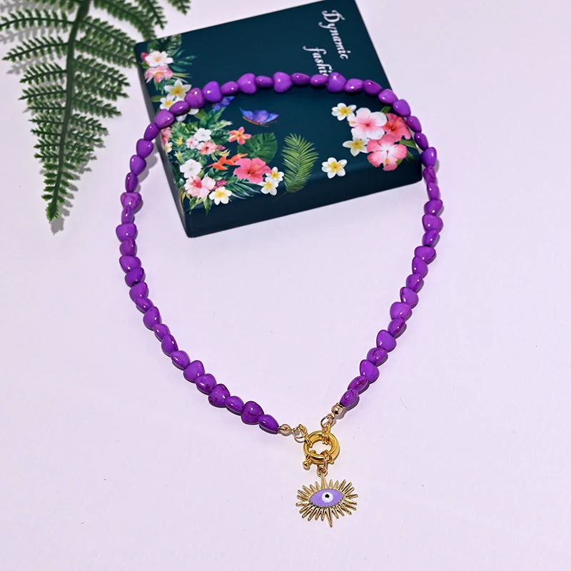Colorful Heart Choker Necklace Bohemian Seed Beads Eye Pendant