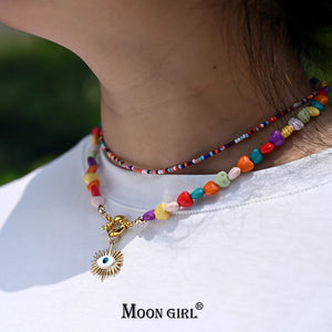 Colorful Heart Choker Necklace Bohemian Seed Beads Eye Pendant