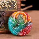 Colorful Jade Dragon 8 Diagrams Pendant Necklace Chinese Hand-Carved