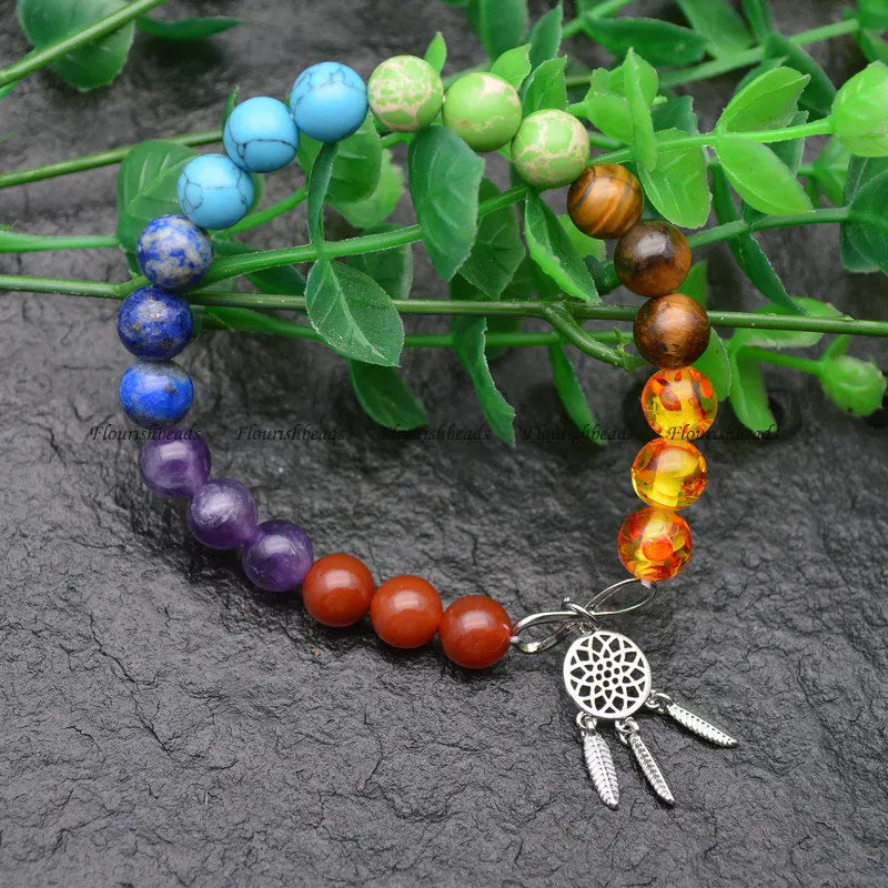 Gemstone Beads Silver Bells Bracelet Chakra Jewelry Couple Gift