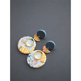 Colorful Floral Abstract Polymer Clay Brass Hoop Dangle Earrings