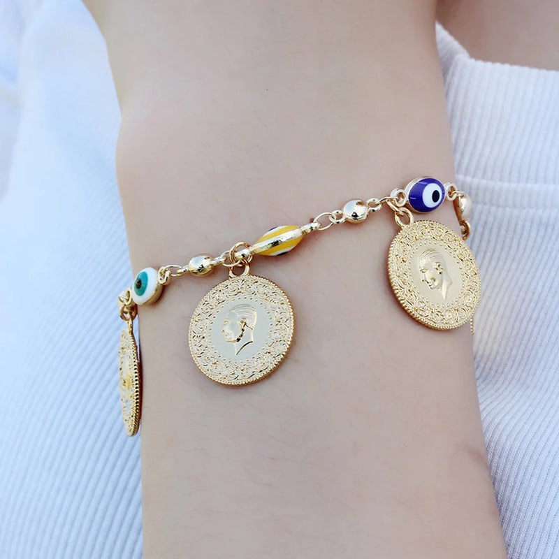 Colorful Evil Eye Charm Bracelet Portrait Coin Link Bracelet Punk Gothic Jewelry