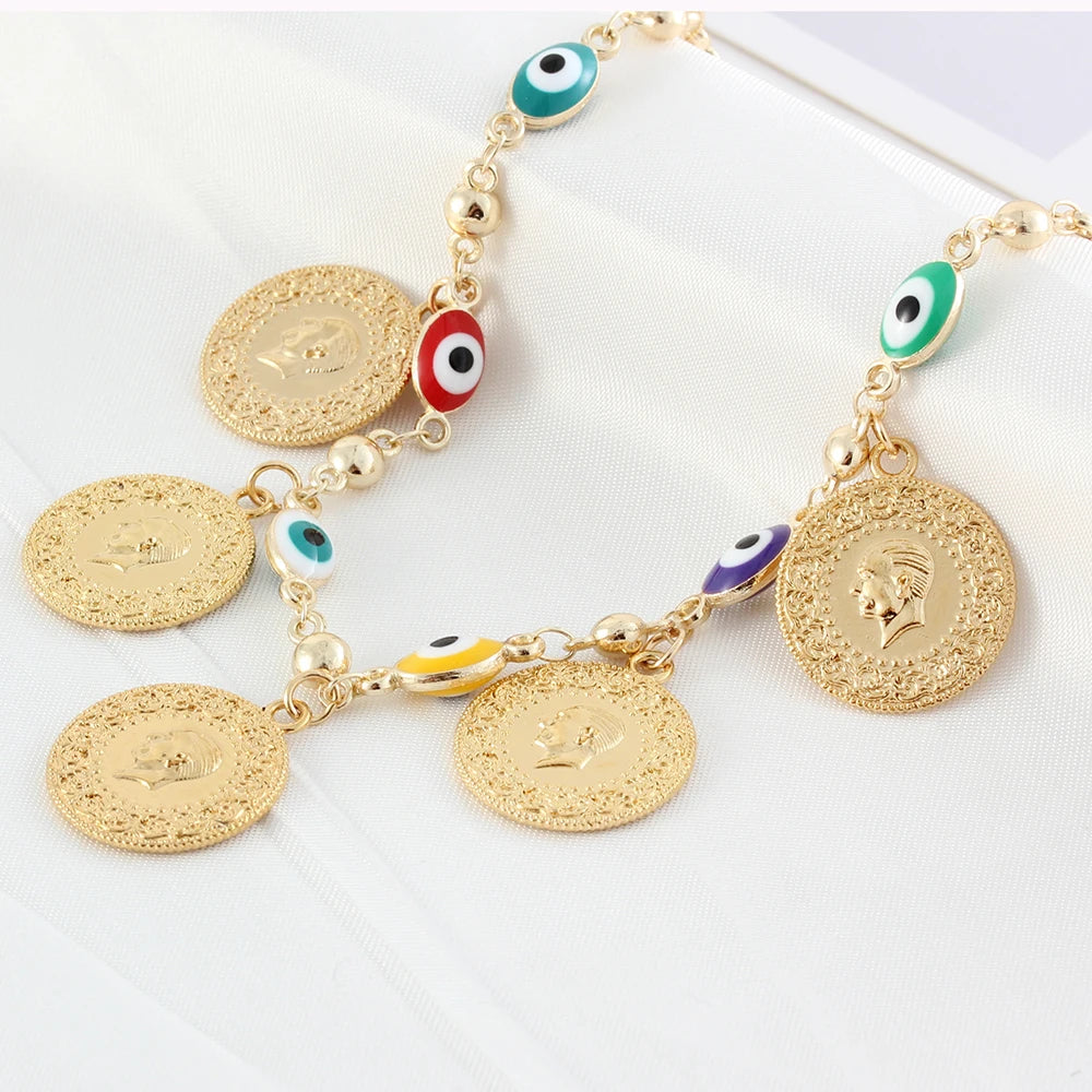 Colorful Evil Eye Charm Bracelet Portrait Coin Link Bracelet Punk Gothic Jewelry