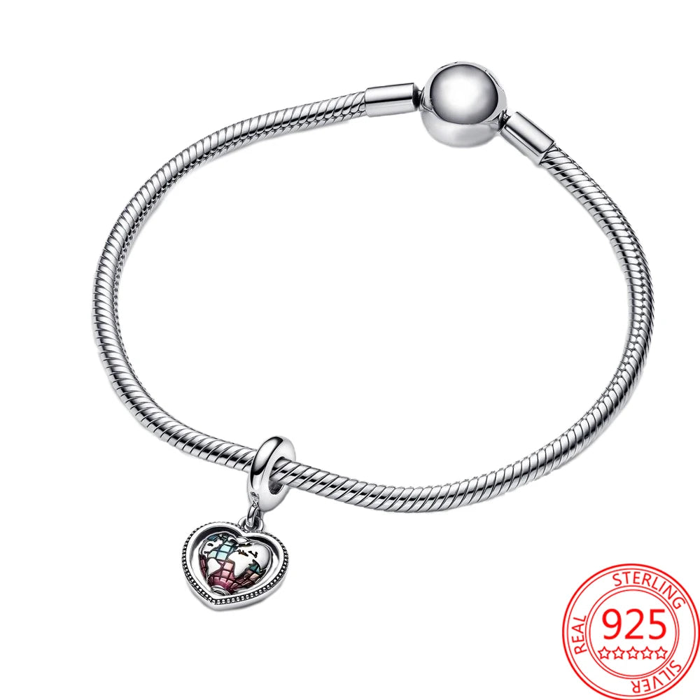 S925 Silver Family Heart Globe Dangle Charm for Bracelet & Necklace