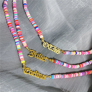 Colorful Polymer Clay Disc Bead Stainless Steel Rainbow Name Necklace