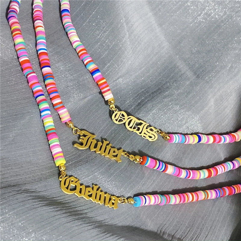 Colorful Polymer Clay Disc Bead Stainless Steel Rainbow Name Necklace