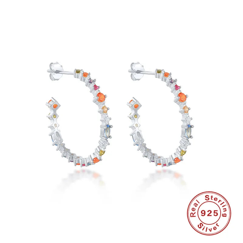 Rainbow Zircon 925 Silver Hoop Earrings Punk CZ Jewelry