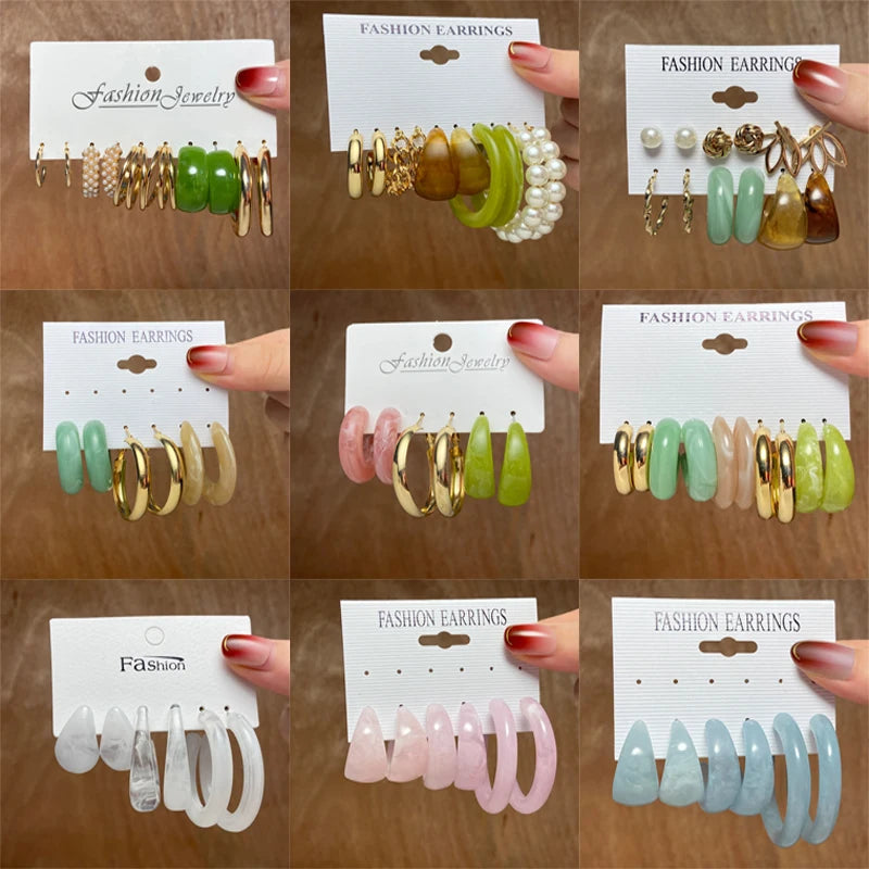 Colorful Resin Earrings Set Pearl Hoop Candy Metal Mix Match Style