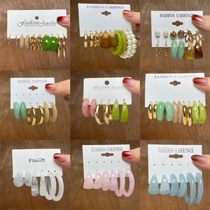 Colorful Resin Earrings Set Pearl Hoop Candy Metal Mix Match Style