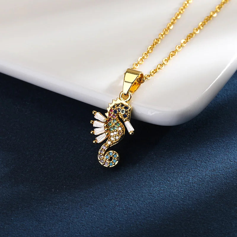 Colorful Seahorse Pendant Necklace Stainless Steel Chain Choker