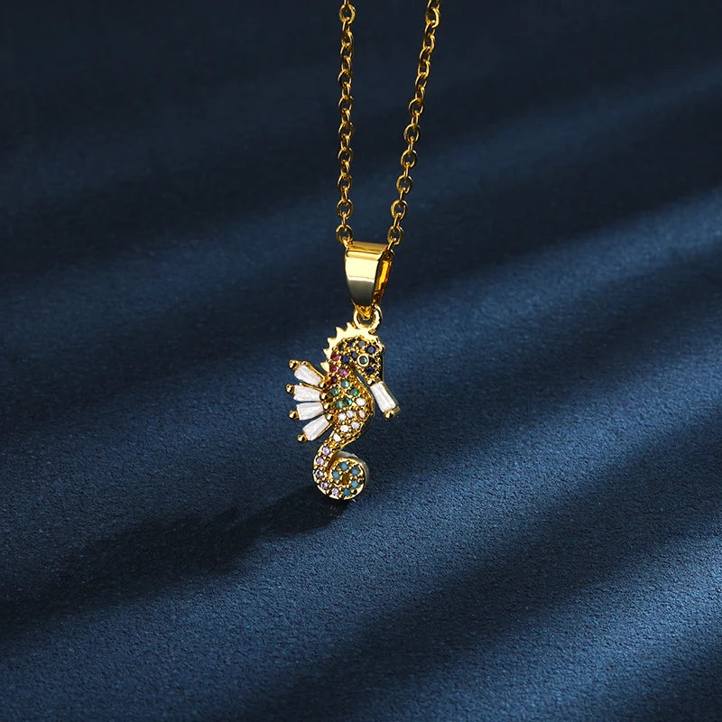 Colorful Seahorse Pendant Necklace Stainless Steel Chain Choker