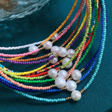 Colorful Seed Beads Chain Choker Necklace with Baroque Pearl Charm