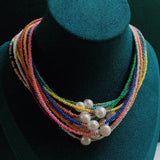 Colorful Seed Beads Chain Choker Necklace with Baroque Pearl Charm