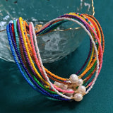 Colorful Seed Beads Chain Choker Necklace with Baroque Pearl Charm