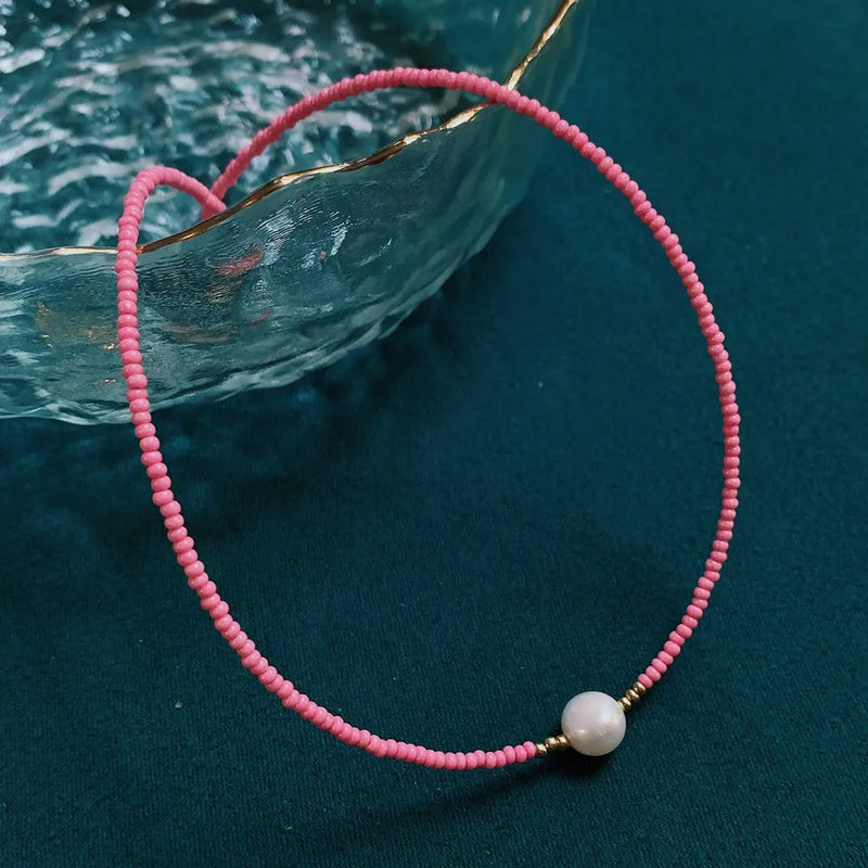 Colorful Seed Beads Chain Choker Necklace with Baroque Pearl Charm