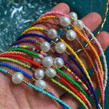 Colorful Seed Beads Chain Choker Necklace with Baroque Pearl Charm