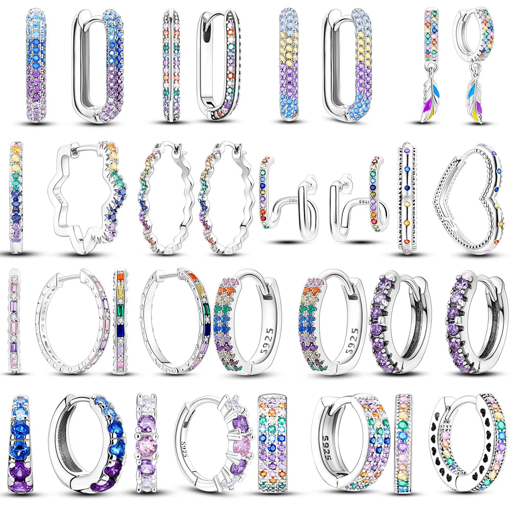 Multicolor Zircon Hoop Earrings Rainbow Silver Jewelry Gift for Women