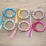 Silicone Beads Bracelet Keychain Women Leather Tassel Keyring