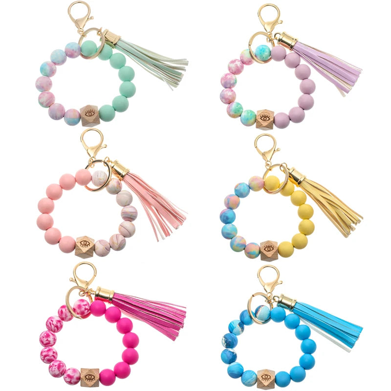 Silicone Beads Bracelet Keychain Women Leather Tassel Keyring