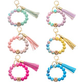 Silicone Beads Bracelet Keychain Women Leather Tassel Keyring